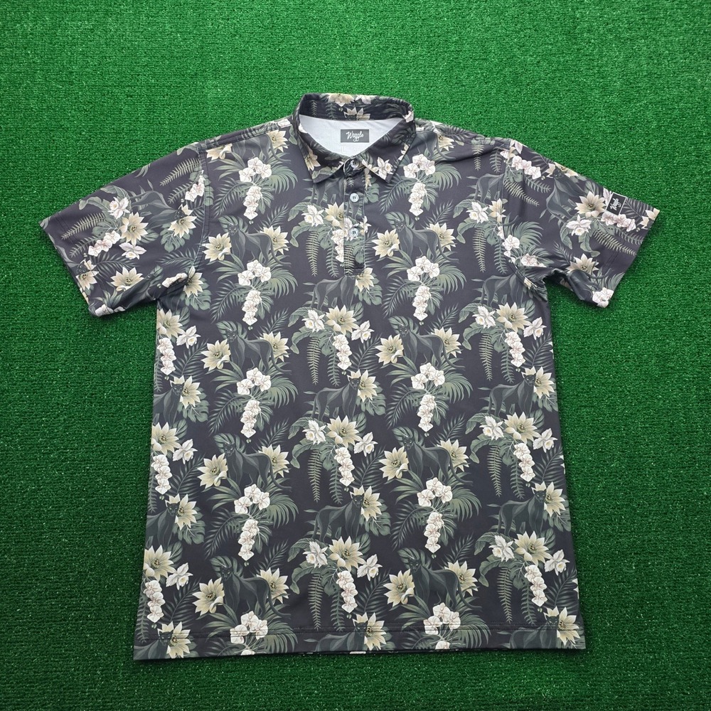 Waggle Polo Shirt Mens Large Black Floral Tropical Print Golf Performance AOP